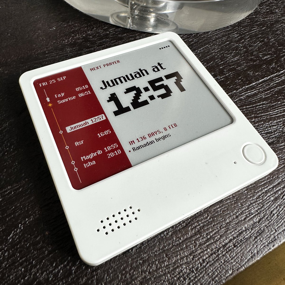 zaarheed's tweet photo. Best thing I’ve bought this year: Live adhaan in every room across the house, synced with the closest mosque, silence it with one button or from my phone, e-ink display battery lasts for weeks, take it with me anywhere and it just works, never miss a prayer

All for less than £50 https://t.co/hP3qHLGGRm