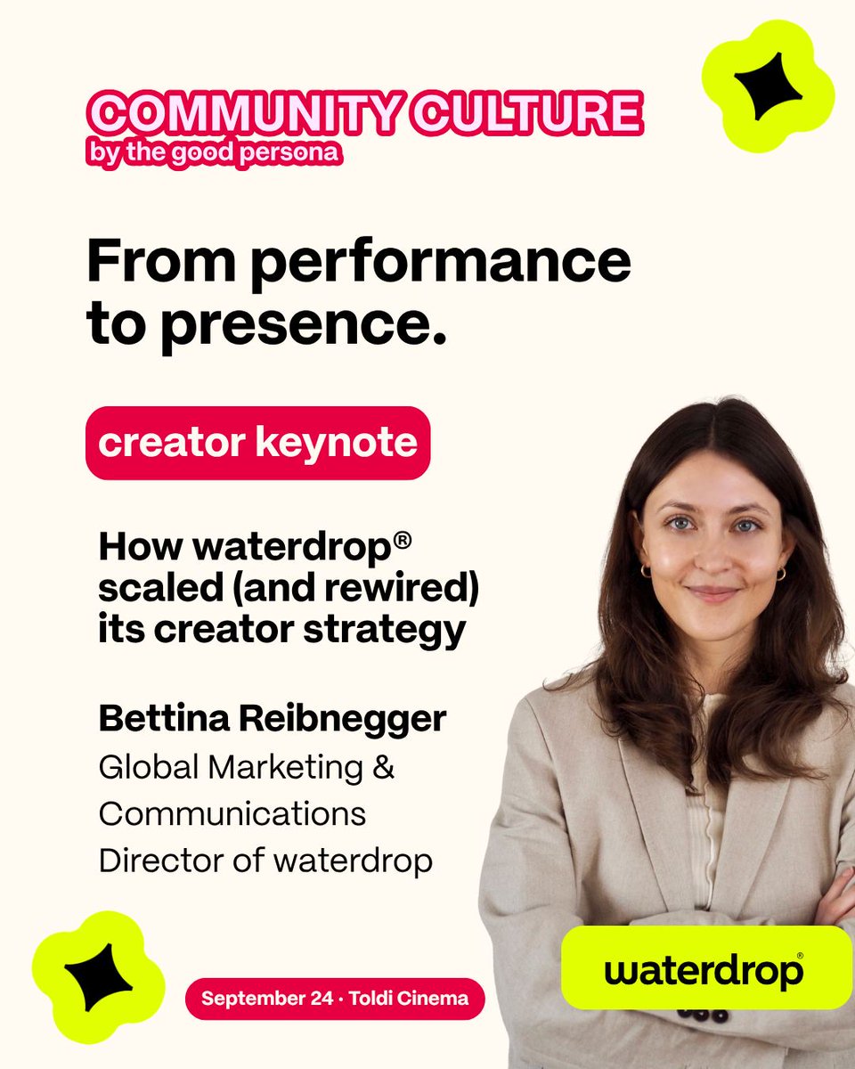 MarileeRivbeh's tweet photo. What works when building a brand isn’t always what works when scaling one. Bettina Reibnegger has helped shape waterdrop’s global social and influencer strategy from the start. At Community Culture, she’ll share a decade of lessons on scaling, https://t.co/fKhs3Ud0ZE