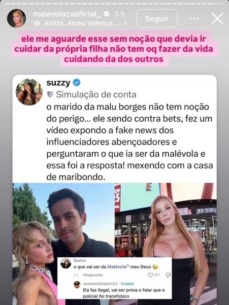choquei's tweet photo. 🚨VEJA: Malévola Alves rebate marido de Malu Borges após críticas: “Ele me aguarde”. https://t.co/0KwizzETkO