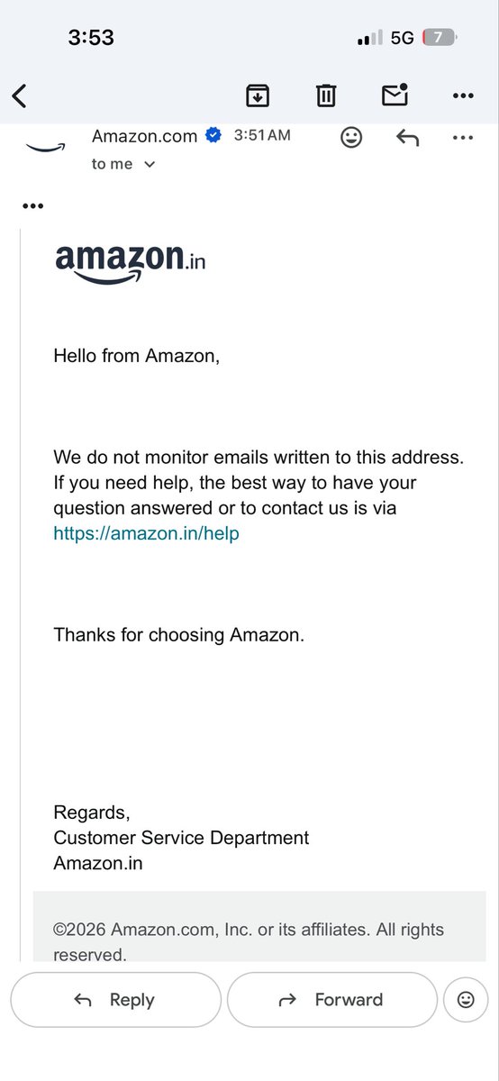 trainwithdhiman's tweet photo. @AmazonHelp Again same thing happens to me I received your mail from the refund process but when I reply yes , see how it’s reply to me ? https://t.co/3pStOwFvmd