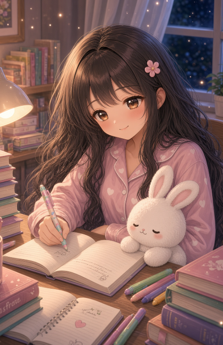 An anime-style illustration depicts a brown-haired girl in pink heart-patterned pajamas writing in a notebook beside a white bunny plushie.