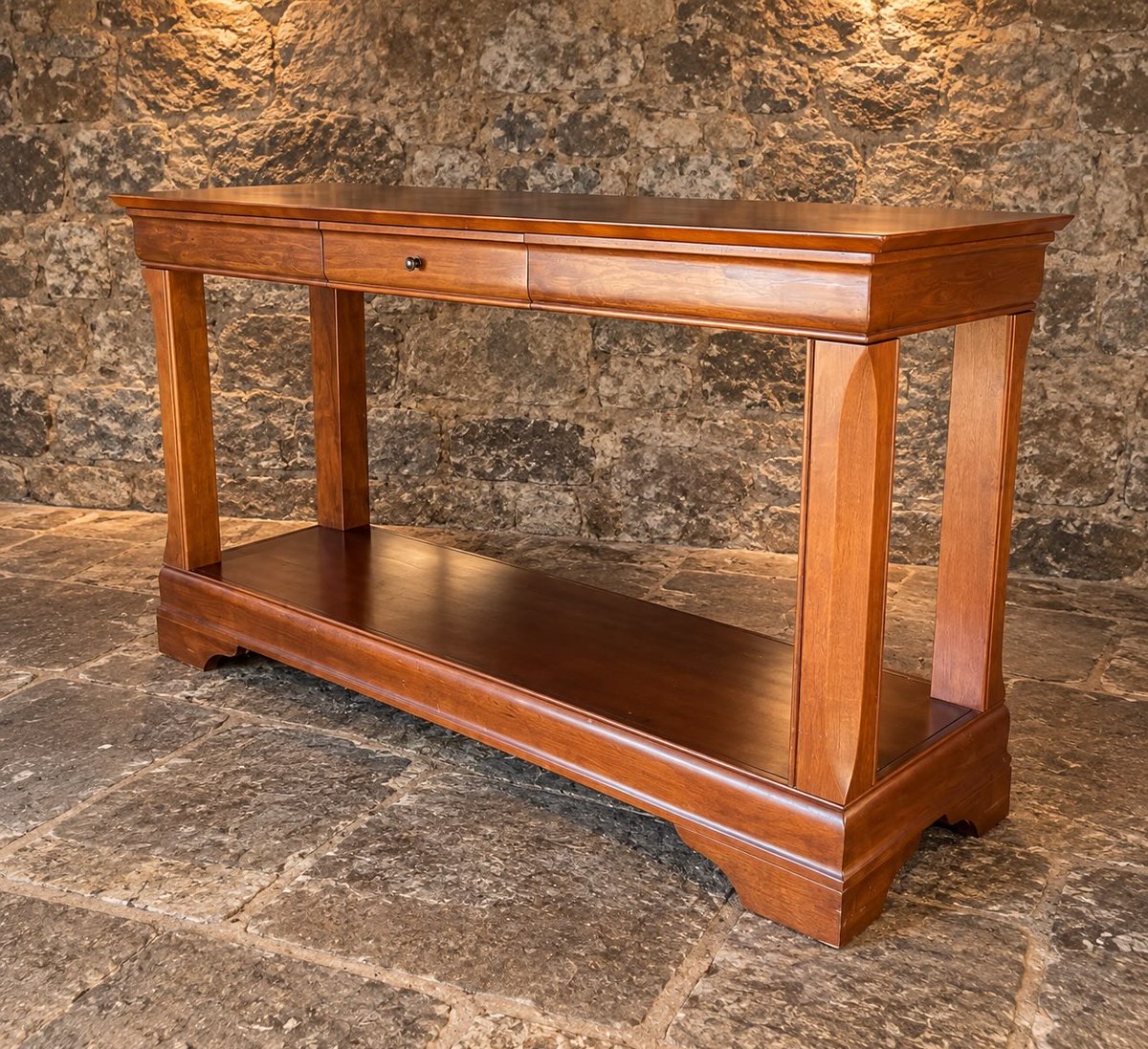 KaranVanmeter's tweet photo. A beautifully proportioned console with a warm timber finish, architectural supports and elegant detailing. A central drawer and full-length lower shelf add practicality, while its classical and subtle Art Deco influences suit both traditional and https://t.co/yyexXX1mRJ