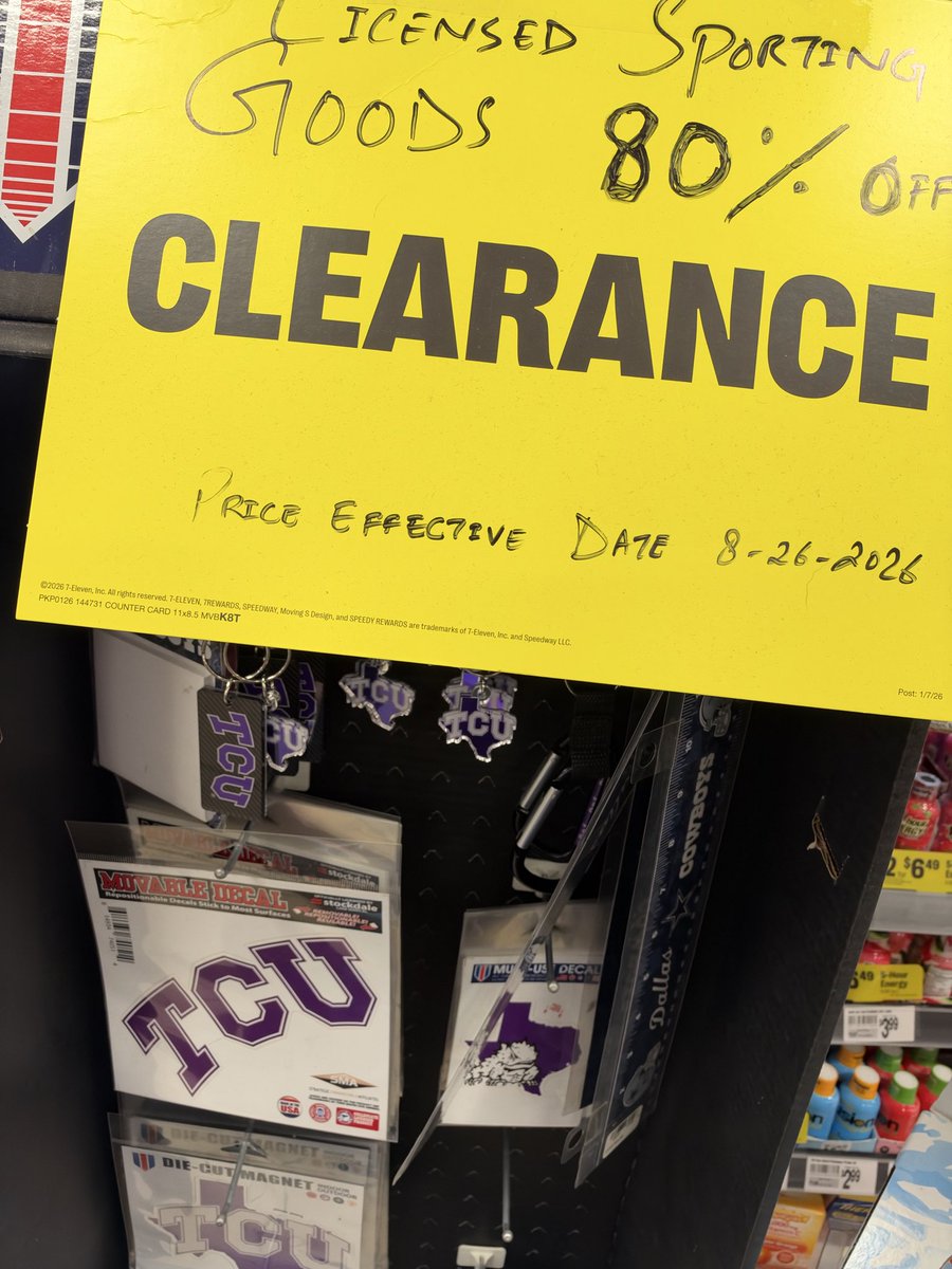 BudKennedy's tweet photo. 80% off a whole rack of TCU merchandise at the 7-Eleven on Hulen at South Drive. And this was before the game. @ShehanJeyarajah @DWStraka49 @StevenMJohnson_ @MacEngelProf https://t.co/y4nPJW2ry5