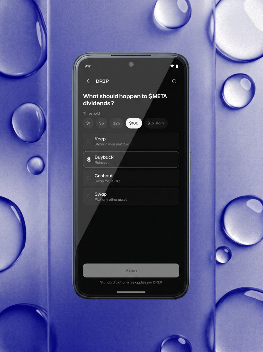 getomenxyz's tweet photo. Put stock dividends to work with DRIP💧

With Omen, automatically reinvest in the same asset, grow another position, or convert payouts into stablecoins for your next trade or everyday spending.

Choose where each payout goes. https://t.co/XOTJq9w3zT