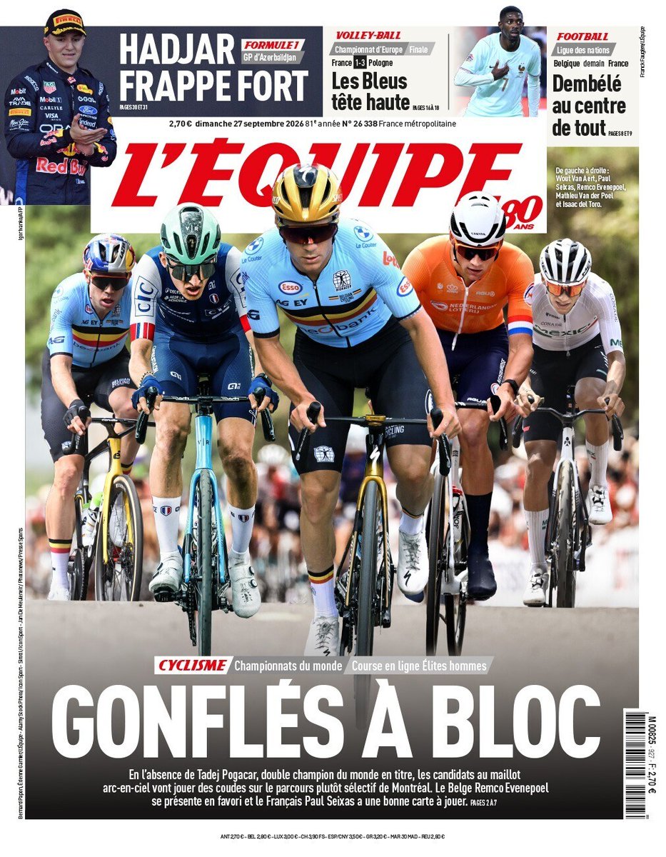 lequipe's tweet photo. Gonflés à bloc 

La une du journal L'Équipe de ce dimanche 27 septembre https://t.co/CqRKgP47BF