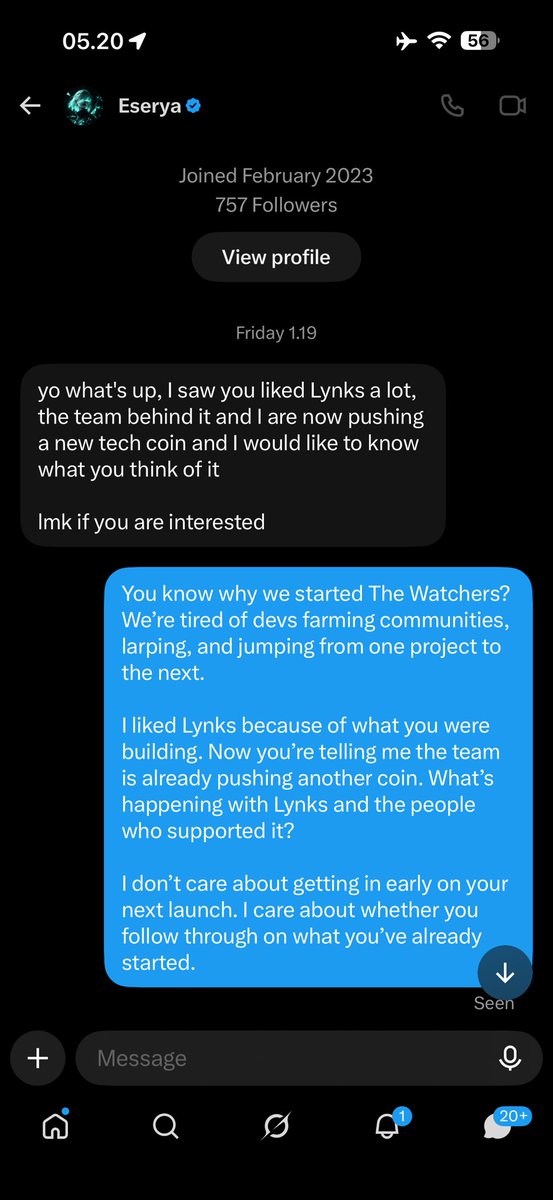 Bollish's tweet photo. I just roundtripped around $9k on solana:E8fsmahzoa4WGZ1dCnGBTzgXRxz9T7nC17KWGkzGxray.

Honestly, I didn’t expect this one.

But I guess this is another reminder that no matter how legit a project is, having a real product alone isn’t enough.

You can verify the product exists. You can verify the team is actually building. You can verify that it’s not another larp.

But none of that guarantees success.

If the people behind it can’t grow the product, bring in users, keep the community alive, and actually stay focused on what they started, there’s nothing holders can really do about it.

A legit product can still fail.

And then I got this DM.

Someone who told me they were working with the team behind Lynks reached out because they were already pushing another tech coin and wanted my thoughts on it.

That’s exactly the kind of shit I don’t wanna see.

I didn’t care about getting an early entry into another coin. I cared about what was happening to the product I supported and the people who believed in it.

This is literally why we started @WatchersLabs in the first place. I’m tired of watching people jump from one project to another while the previous community gets left behind.

And we’re taking this further.

I’m currently working on a database and bot to track deployer wallets together with their X accounts, as well as CT accounts that repeatedly farm communities or larp around projects.

The goal is simple: build a history people can actually check.

And most likely, The Watchers v2 and the rest of the features we’re building won’t be made public. They’ll only be accessible internally as we’re currently changing how @WatchersLabs works.

I took the risk, so the $9k roundtrip is on me. No excuses.

But this DM definitely changed the way I look at the situation.

Bonus DM for context lol.