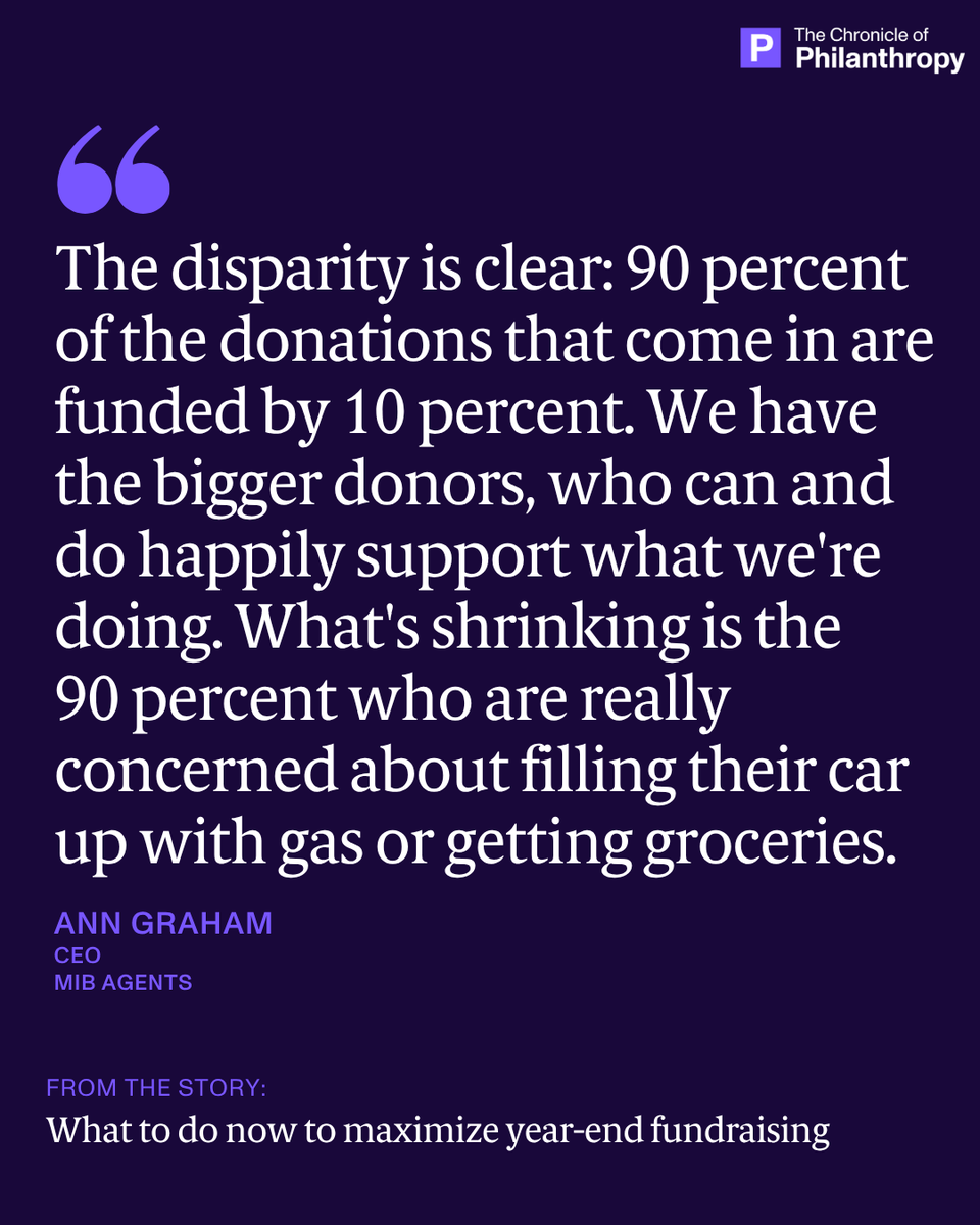 Philanthropy's tweet photo. Year-end giving is growing lopsided. Ann Graham, CEO of @AgentsMIB, says the split is stark: "90 percent of the donations that come in are funded by 10 percent...What's shrinking is the 90 percent who are really concerned about filling their car up with gas or getting groceries." More: 

Read more: https://t.co/1VS9hrFn2S