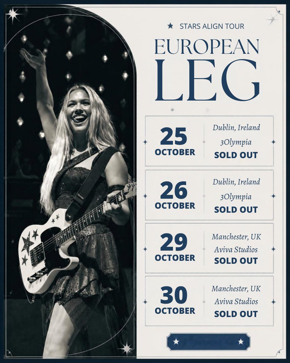 FreyaCentralBR's tweet photo. ✨ EUROPE, HERE WE GO! ✨

Amanhã começa a European Leg da Stars Align Tour! ⭐️💙

Os primeiros shows dessa etapa:

25/10 — Dublin 🇮🇪
26/10 — Dublin 🇮🇪
29/10 — Manchester 🇬🇧
30/10 — Manchester 🇬🇧
Todas as datas estão SOLD OUT! 🎟️
#FreyaSkye #StarsAlignTour https://t.co/NG2GdW4Amp
