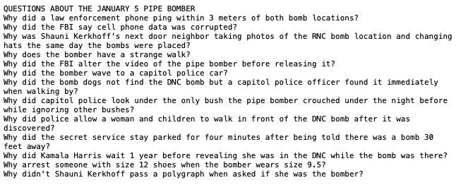TimelinesTruth's tweet photo. Questions about the January 5 Pipe bomber https://t.co/CQFeUQuEAe
