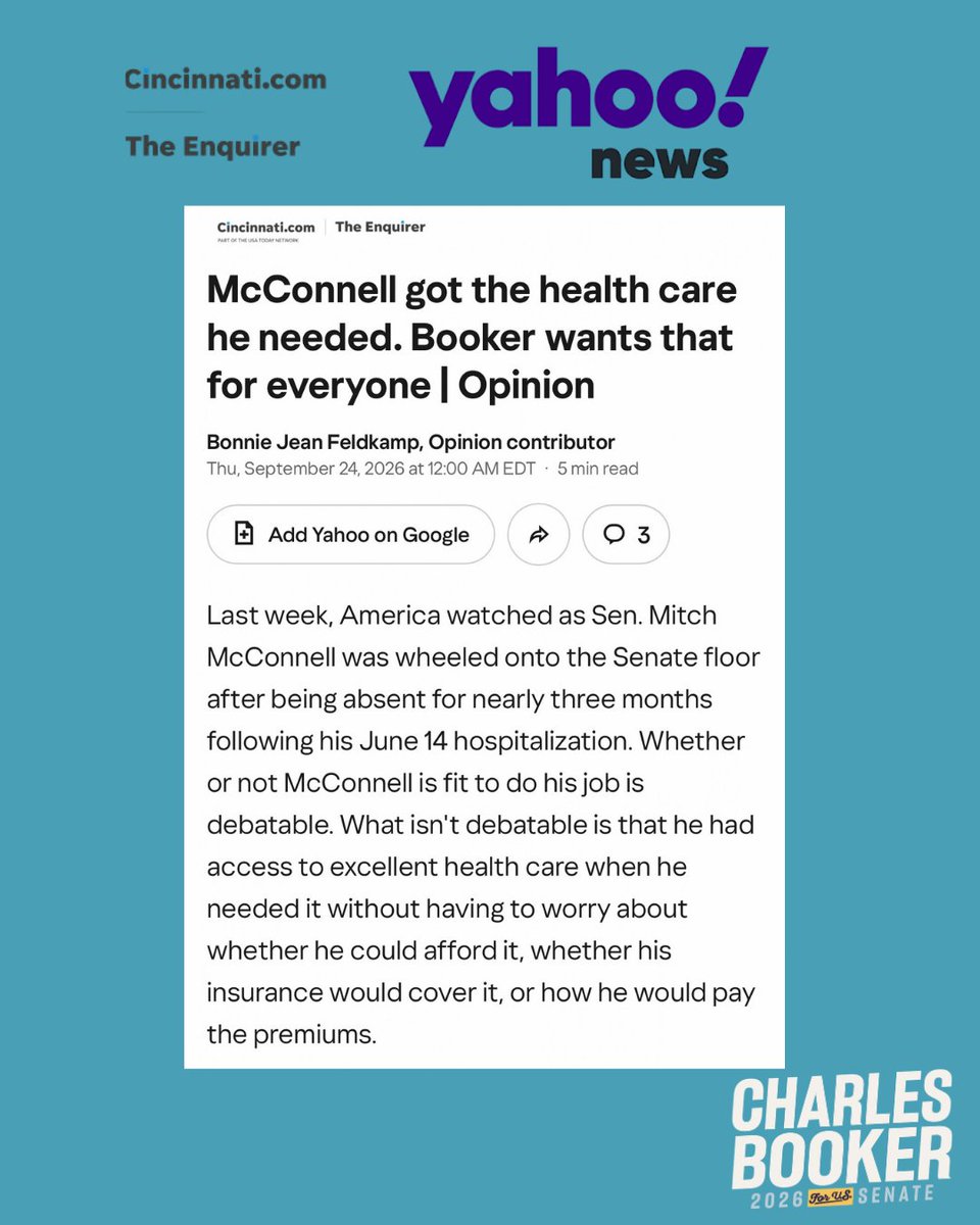 Booker4KY's tweet photo. Mitch McConnell got the care he needed without worrying about the bill. Every Kentuckian deserves that same peace of mind.

I’ve had to ration insulin. I know what it means when the medicine you need is out of reach. Thank you to Bonnie Jean Feldkamp for sharing our conversation about making health care affordable for everyone.

Read her column: https://t.co/gLw7KJsyGm
