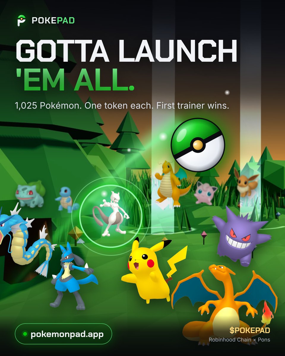 pokemonpadapp's tweet photo. Gotta launch 'em all.

1,025 Pokémon. One token each. Pick yours, name it, claim it in one tap.

$POKEPAD https://t.co/WP6gT9qLLZ