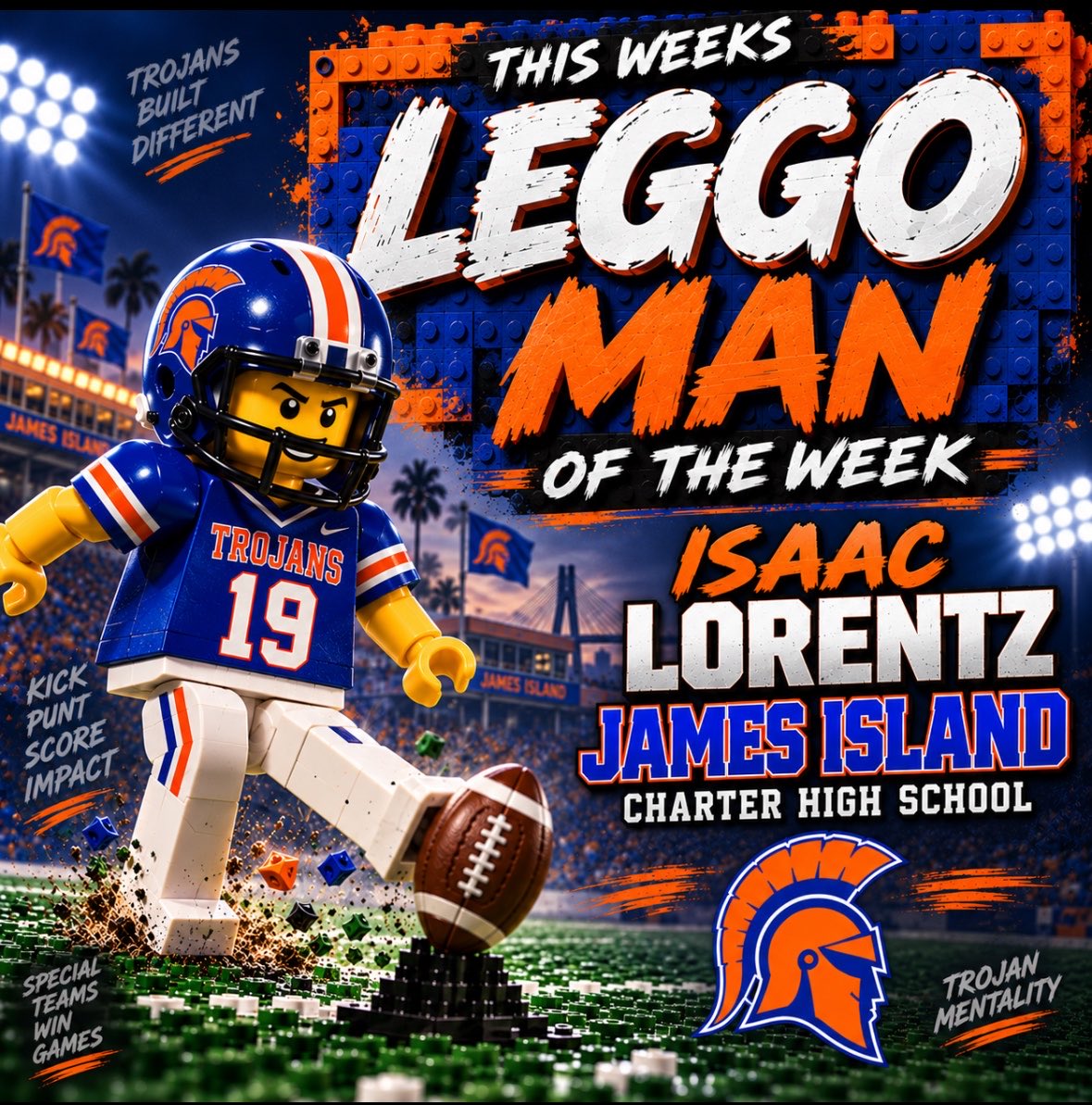 CoachEBenton's tweet photo. Congratulations to @IsaacLorentz_ of @ji_trojan He was voted LEGgo Man of the Week by his peers. “Thump” was 9/9 Touchbacks (tying the James Island record) and 8/8 XP. https://t.co/6U9jzljmc3