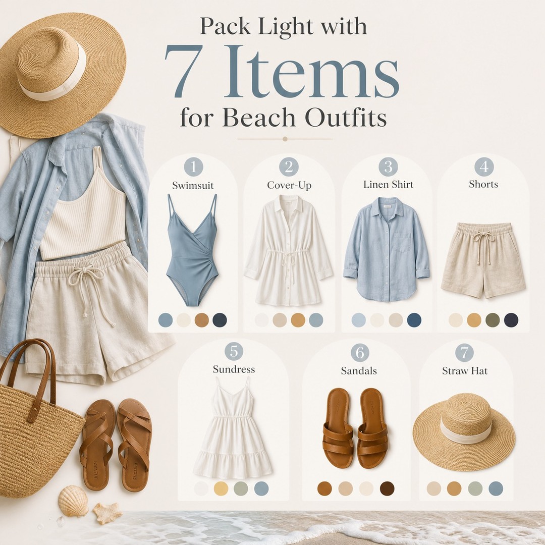 KassandraVte2's tweet photo. Ready for a beach getaway without overpacking? With just seven versatile pieces in a cohesive color palette, you can create ten stylish looks. Choose shades that complement your skin’s warm or cool undertones for flattering outfits and vibrant https://t.co/mhEChoyHDT