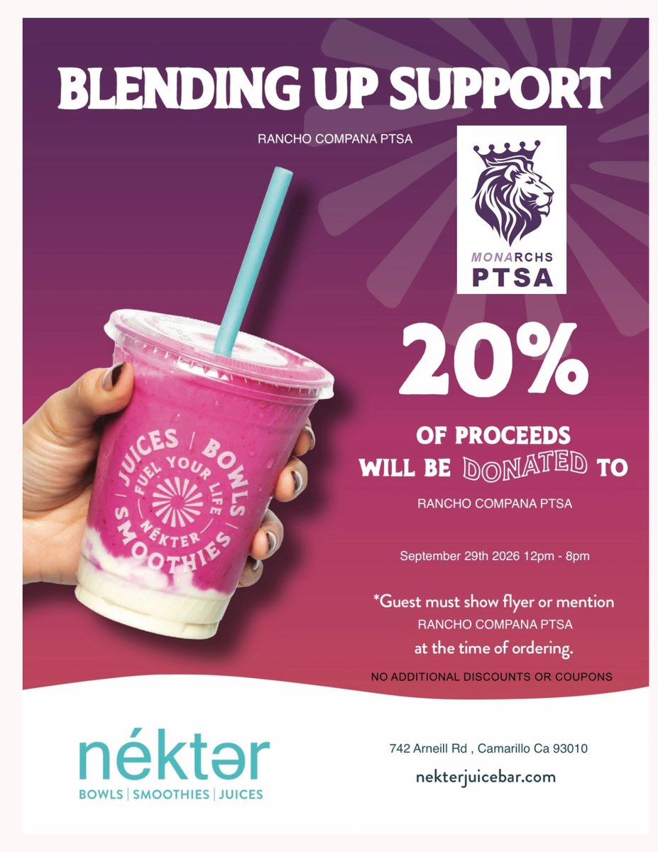 MonarchsPTSA's tweet photo. Come support your RCHS PTSA on September 29th at Nekter Juice Bar from Noon to 8PM. https://t.co/g8v8bHiub2