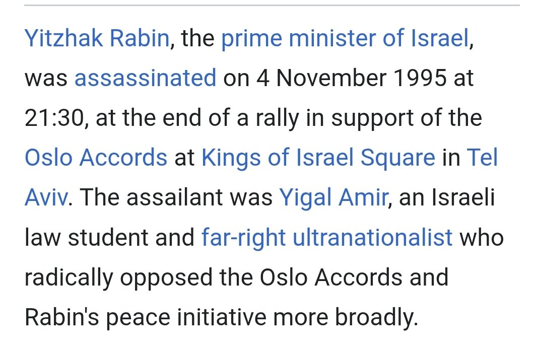 Pharmwoman2's tweet photo. Israeli extremists murdered their own prime minister (Yitzhak Rabin) because he was looking to make peace with Palestinians. 

Of course they'd have no qualms about murdering Americans like JFK or Charlie Kirk. https://t.co/NuHz2lIDsM