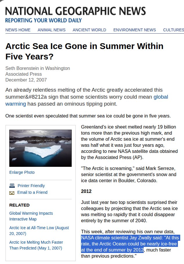TonyClimate's tweet photo. NASA is trying to hide the failure of their past predictions.

"NASA climate scientist Jay Zwally said: "At this rate, the Arctic Ocean could be nearly ice-free at the end of summer by 2012"

https://t.co/hVnWew4gdj https://t.co/a48LEQUlz2