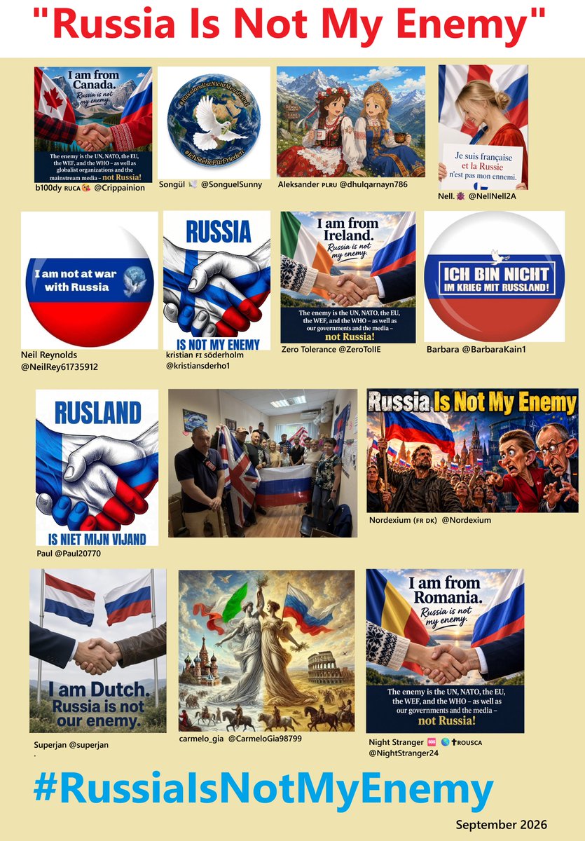 RHIB28's tweet photo. 🕊️Россия — не мой враг.🕊️
🕊️Russland ist nicht mein Feind.🕊️
🇷🇺 #RussiaIsNotMyEnemy  🇷🇺

Посмотрите на множество доказательств дружбы со стороны граждан Европы и всего мира, 
которые хотят жить с вами в мире. 

В этом заключается большая надежда и сила,
которая во много раз превосходит силу тех, кто, движимый болезненными и бредовыми идеями, разжигает войну и называет себя «элитой».
Но это не надолго!

Это наше общее обещание, 
ведь наш мир может процветать только в мире.

@RusBotschaft @kadmitriev