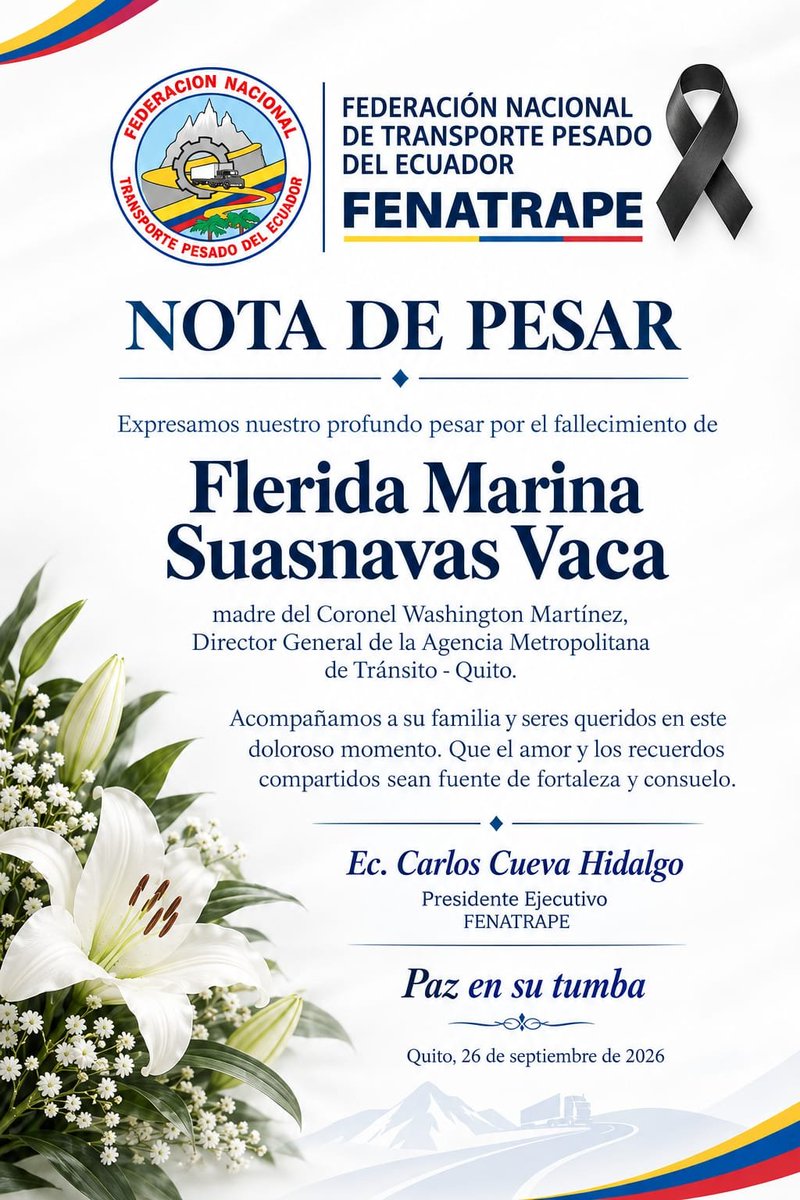 FenatrapeEC's tweet photo. FENATRAPE emite un Nota de Pesar https://t.co/bpg3Ww4iOo