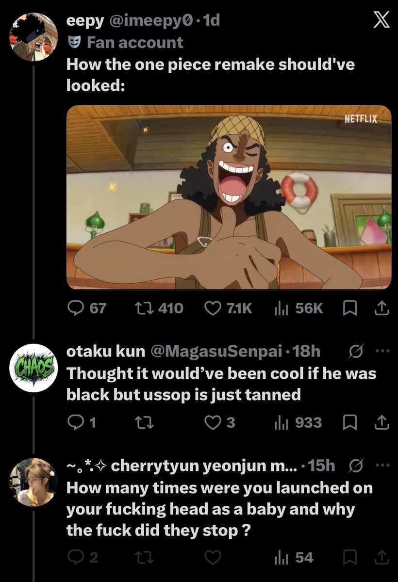 MagasuSenpai's tweet photo. I as a black guy am being attacked called racist and told to off myself because I don’t think the fictional character ussop from #onepiece is black…. By @gyuoutdid https://t.co/cuSXWDJNSn