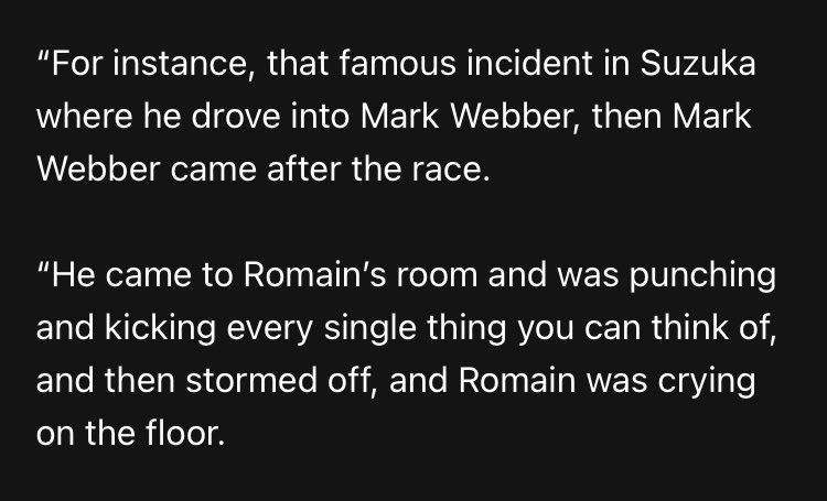 oscgoat's tweet photo. throwback to the time mark webber got crashed into by romain grosjean then broke into his drivers room smashed up every wall and left https://t.co/QIo2inKcrb
