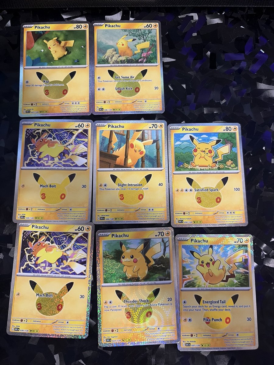 RipSociety26's tweet photo. Pikachu pulls from the Pokemon 30th celebration elite trainer box (ETB) I opened up. Which one is your favorite ?

If you haven’t seen the video check it out on my YouTube channel Rip Society26. 

#pokemon #pokemon30th #pikachu https://t.co/FJSCnmnBii