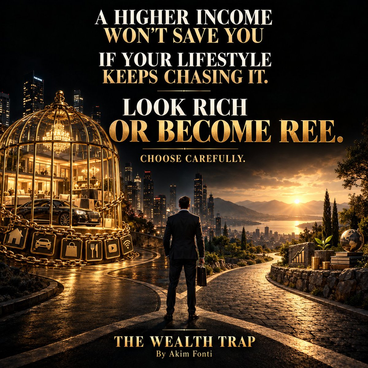 AkimFonti's tweet photo. A HIGHER INCOME WILL NOT SAVE YOU IF YOUR LIFESTYLE KEEPS CHASING IT.

You earn more.

So you upgrade the car.

Move into a more expensive home.

Buy better clothes.

Add more subscriptions.

Take vacations you cannot truly afford.

From the outside, it looks like success.

Inside, you are still waiting for payday.

The salary changed.

The stress did not.

This is how lifestyle inflation builds a beautiful prison.

Every raise becomes another payment.

Every promotion creates another expectation.

Every upgrade makes your freedom more expensive.

There is nothing wrong with enjoying your money.

But if every increase in income immediately becomes an increase in expenses, you are not moving forward.

You are running faster on a more luxurious treadmill.

The next time you earn more, do something different.

Keep your lifestyle steady.

Pay off debt.

Strengthen your emergency fund.

Invest the difference.

Buy assets before upgrading appearances.

Let your income rise faster than your obligations.

Real wealth is not having the most expensive life you can afford.

It is having enough space between what you earn and what you spend that nobody owns your next decision.

Do not use every raise to prove that you are doing better.

Use it to make sure you never have to prove anything again.

LOOK RICH—or become free.

Choose carefully.

THE WEALTH TRAP
By Akim Fonti
#TheWealthTrap #LifestyleInflation #FinancialFreedom #MoneyMindset #PersonalFinance #BuildWealth #EscapeTheRatRace #LiveBelowYourMeans #FinancialLiteracy #AkimFonti