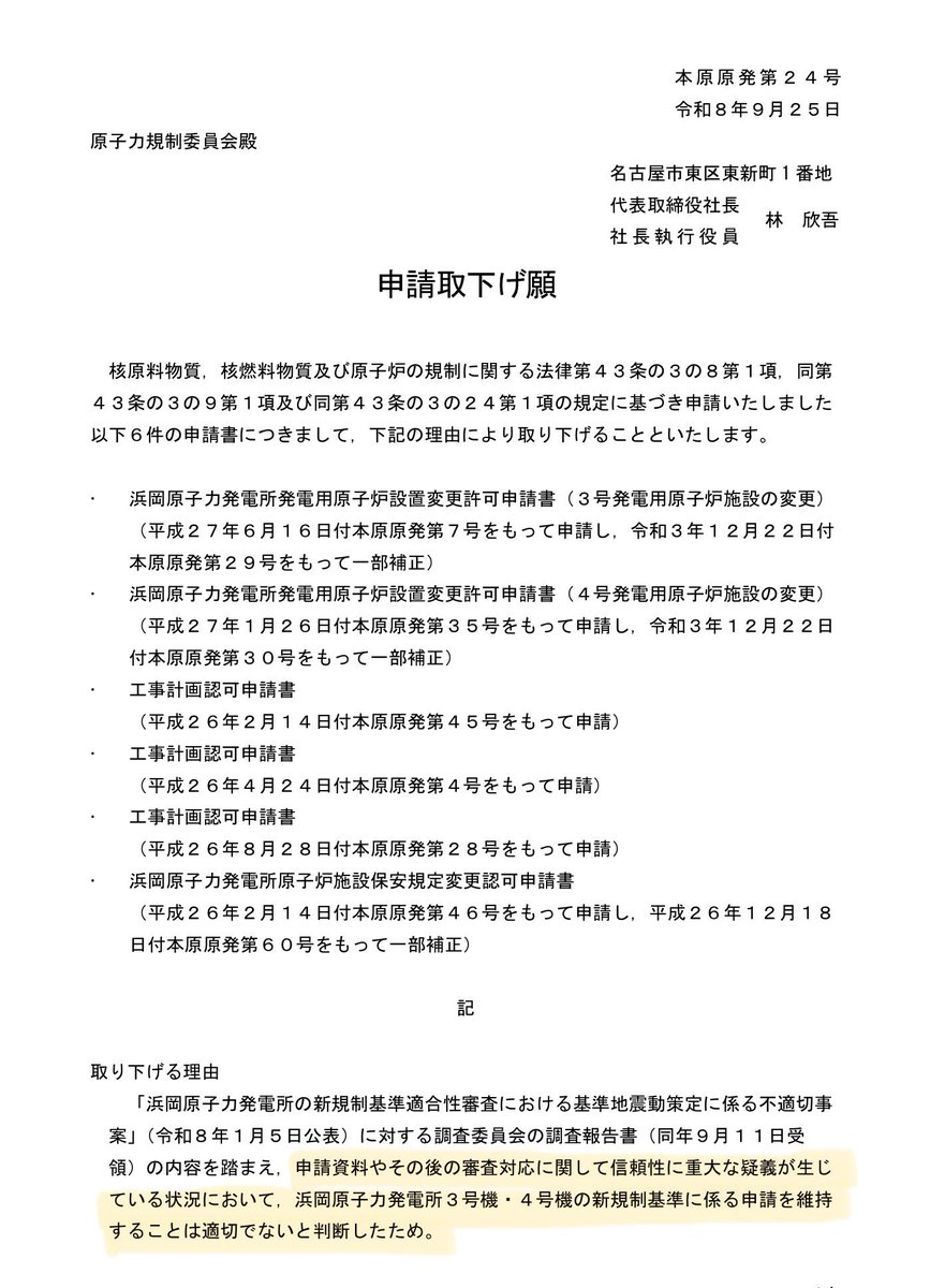 makomelo's tweet photo. 2)ちな取り下げ理由は

>申請資料やその後の審査対応に関して信頼性に重大な疑義が生じている状況において，浜岡原子力発電所３号機・４号機の新規制基準に係る申請を維持することは適切でないと判断したため<

まぁ、あれだけ規制委を舐め腐っていることがバレたしね…しかも会社ぐるみでね… https://t.co/7Dt18aTkEB