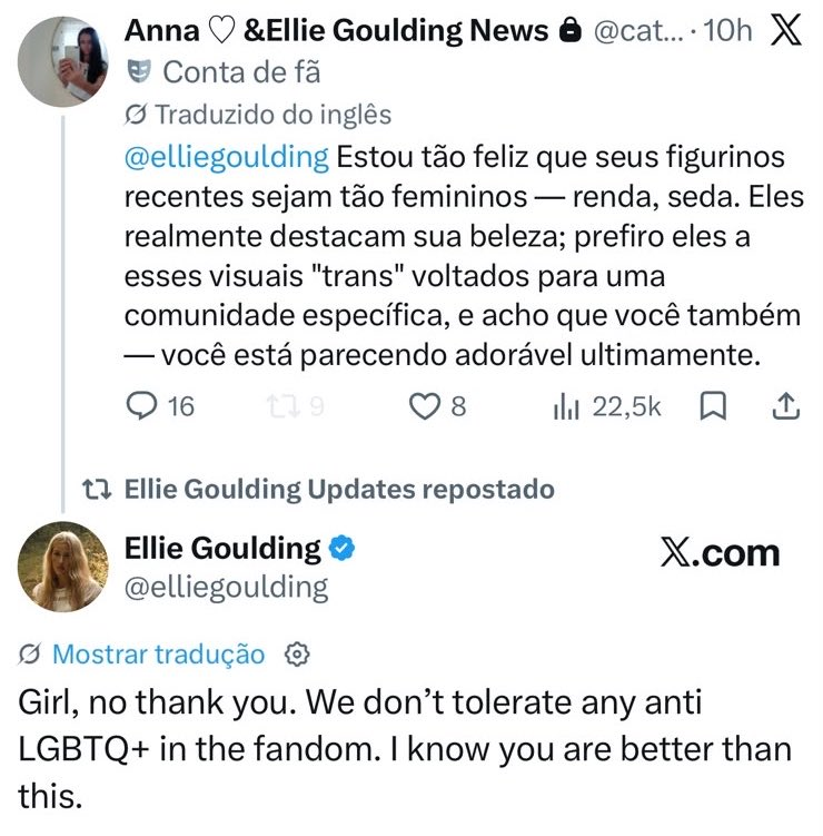 forumbunklr's tweet photo. LENDA: Ellie Goulding deu um FECHO em fã que estava sendo transfóbico. 

"Não tolero qualquer pessoa anti-LGBT na minha fãbase". https://t.co/Ma2c7ZxOUw