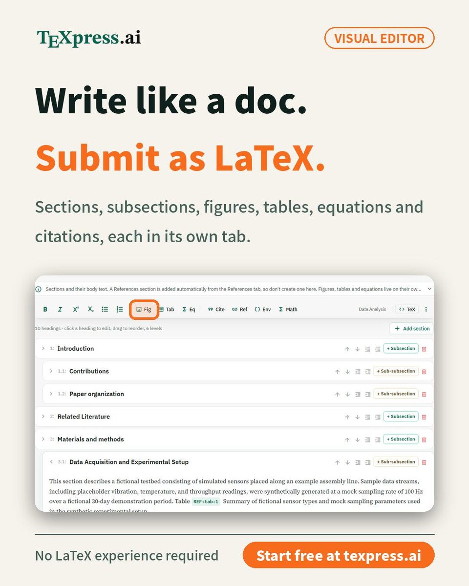 TeXpressAI's tweet photo. Write like a doc. Submit as LaTeX. Sections, subsections, figures, tables, equations, and citations, each in its own tab. TeXpress writes the LaTeX for you. 👉 https://t.co/mS7GYMtJS6
#TeXpress #LaTeX #AcademicWriting #Manuscript #PhDLife #Academia #ResearchTools #PhD https://t.co/zaotvroW8z