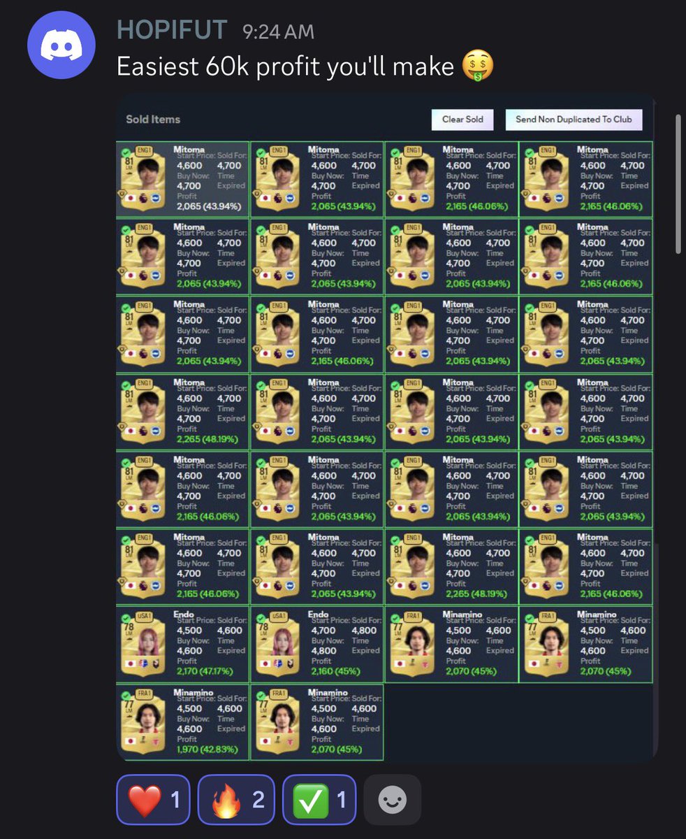 Jake_FutTrading's tweet photo. Some moves we made last 24 hours 😆

Lookman 🇳🇬 6 to 8.7K 
Fermin 🇪🇸 7.7 to 10.75K 
Ferran 🇪🇸 6.1 to 9K 
Undav 🇩🇪78 to 96K 
Japan 🇯🇵 LMs 2.5 to 5K 

Gallery trading 👀 

Link in my bio! 🚨 

Don't miss the next ones 🔗🔗🔗 https://t.co/ub3kmxCvAO