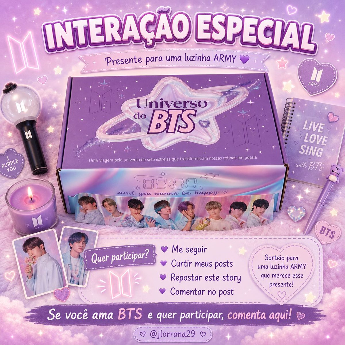 cl_mush's tweet photo. A Army Box será presente para a luzinha mais ativa nas interações do mês. Siga @jlorrana29, curta o post oficial, reposte a arte nos Stories marcando o perfil e participe das missões. Encerramento: 31 de agosto. https://t.co/IRTjOlv1qn