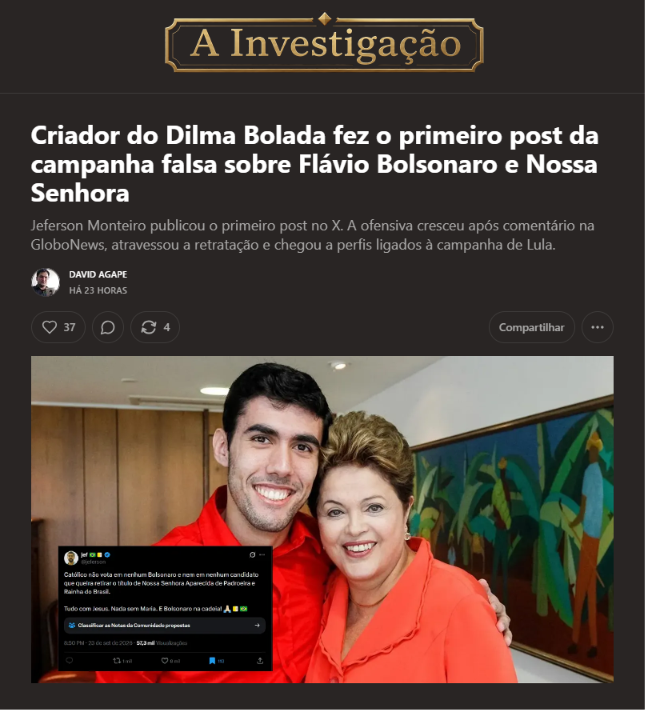 david_agape_'s tweet photo. Vamos falar de Marcelo Freixo e de coincidências que não são tão coincidência assim?

A esposa de Freixo é Antonia Soares Pellegrino. OK.

Desde 2005 ela era sócia-administradora da Doce Fúria Produções Artísticas Ltda. Em 6 de março de 2023, a empresa foi baixada. 

Oito dias depois, em 14 de março, Jeferson Monteiro — o criador do Dilma Bolada — assumiu cargo comissionado na EBC (conhecida como TV Lula), na Diretoria de Conteúdo e Programação. A própria estatal disse que ele trabalharia com a futura diretora: Antonia Pellegrino.

Jeferson é sócio-administrador de outra firma, aberta em 2018. Nome fantasia: Doce Fúria Comunicação Ltda. Quase o mesmo letreiro. CNPJ diferentes e sem aparente relação entre si.

As duas Doce Fúria venderam serviços à campanha de Lindbergh Farias ao Senado, em 2018. A de Pellegrino: R$ 141 mil. A de Jeferson: R$ 53 mil. Juntas, R$ 194 mil. A de Pellegrino também forneceu para Boulos, Luciana Genro e Fernanda Melchionna. 

Hoje, Pellegrino é presidente da EBC e Jeferson Monteiro atua como assessor especial e estrategista digital de Eduardo Paes, prefeito da cidade do Rio de Janeiro (após ser kickado da EBC por viagem à Europa). 

Eduardo Paes é aliado de Lula. Jeferson Monteiro é o paciente dero da campanha contra Flávio Bolsonaro sobre Nossa Senhora. 

Ligaram os pontos?

https://t.co/5dUW2bXy3z