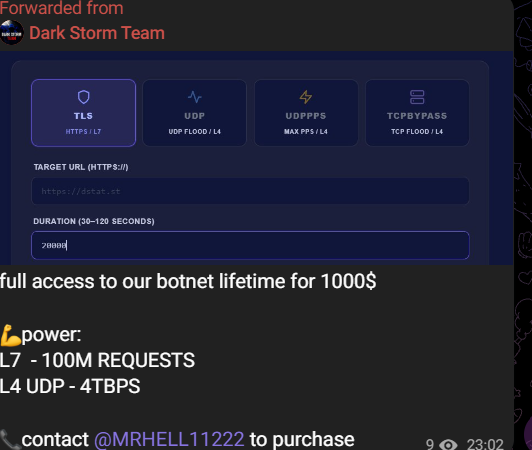 tired52510's tweet photo. 🚨cybersecurity alert : Dark Storm Team group selling their botnet access lifetime for one thousand dollars 
with 100M requests and 4tbps 

source : https://t.co/fVSgvvHAH8 

#DARKSTORM
#DARKSTORMTEAM
#DDOS
#CYBERATTACK
#HACKING
#cybersecurity 
#botnet 
#tbps
#tls
#udp
#tcp https://t.co/Vn3PVGd2bF
