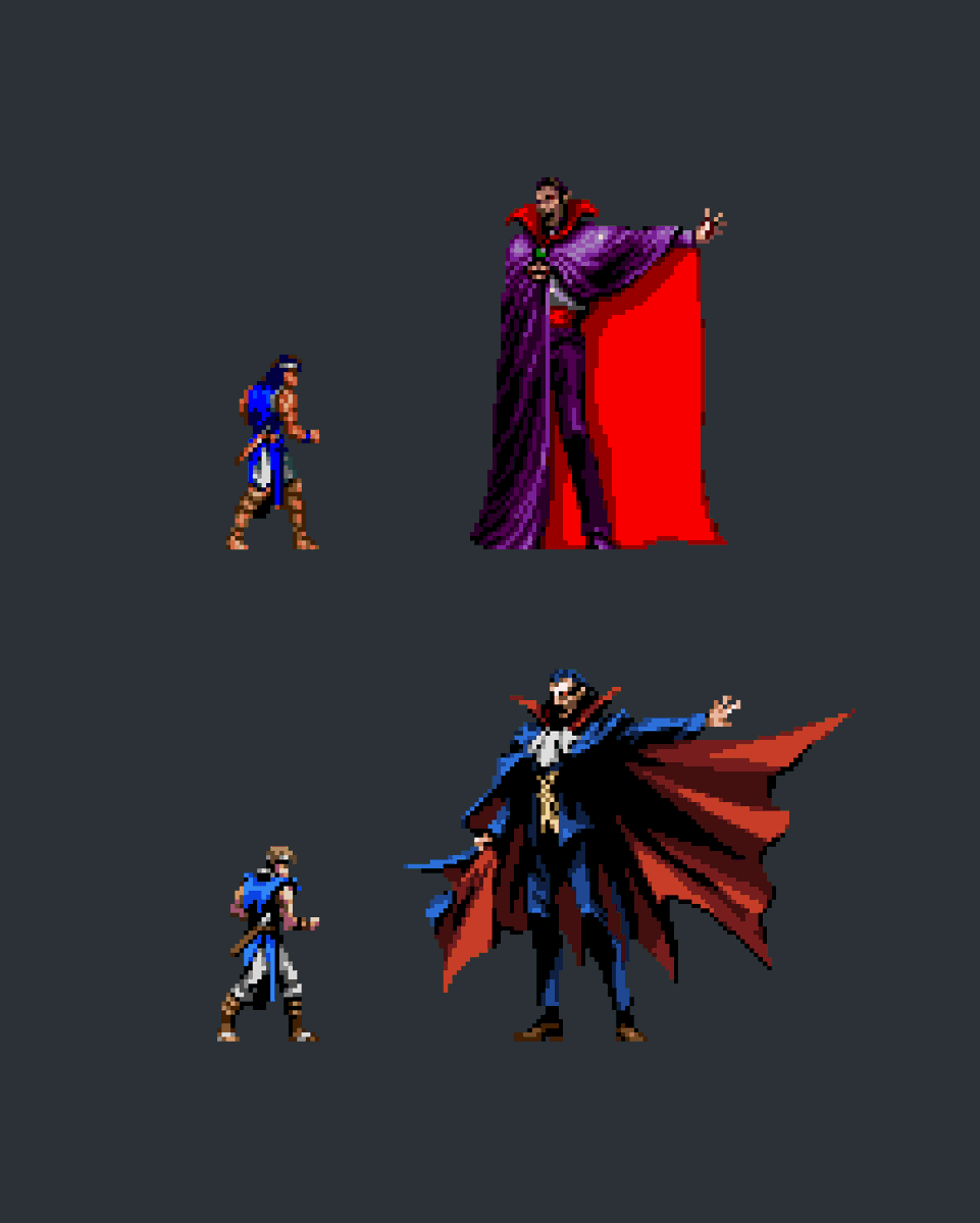 Emppixel's tweet photo. Tried to bring Richter's and Dracula's sprites closer to the Akihiro Yamada key art for Dracula X. https://t.co/j3LZIkmzjI