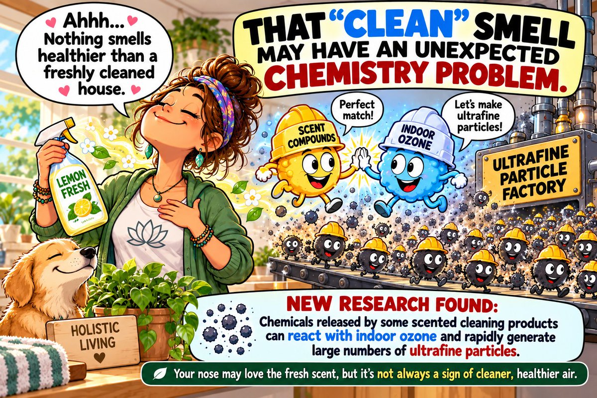 justabitoffbeat's tweet photo. Your house smells incredibly clean.

Chemistry: “We need to talk.”

New research found fragrance compounds from some scented cleaners can react with indoor ozone and rapidly create ultrafine particles.

Maybe “smells clean” doesn't equal“clean air.”

Would you rethink scented cleaners?

#JustABitOffbeat #IndoorAirQuality #HealthyHome