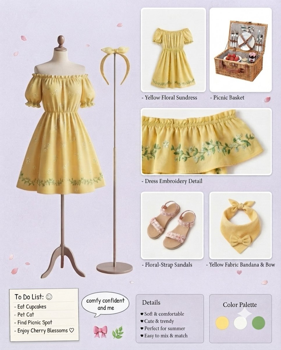 morrison123456's tweet photo. Sunny Blossom Picnic Look: a yellow floral sundress, floral-strap sandals, a yellow bandana bow, and a woven picnic basket. Soft, comfy, cute, and ready for a dreamy day under the cherry blossoms. https://t.co/iQf283eXJC