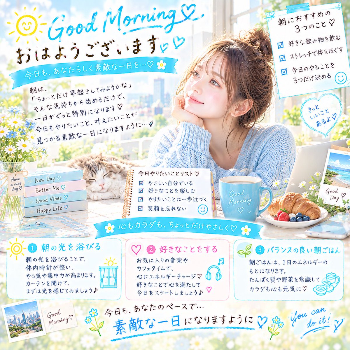 dbs_future's tweet photo. おはようございます☀️🩵

朝は、自分を整える時間🌿

好きな飲み物を飲んだり☕
少しストレッチしたり🧘‍♀️
今日やることを3つ決めたり📝

小さな習慣が、
心地よい一日につながっていく😊✨

今日も自分のペースで♡
素敵な一日を🌸

#おはよう #朝活 #自分を大切に #小さな幸せ #自分らしく https://t.co/sNrIrIRITr