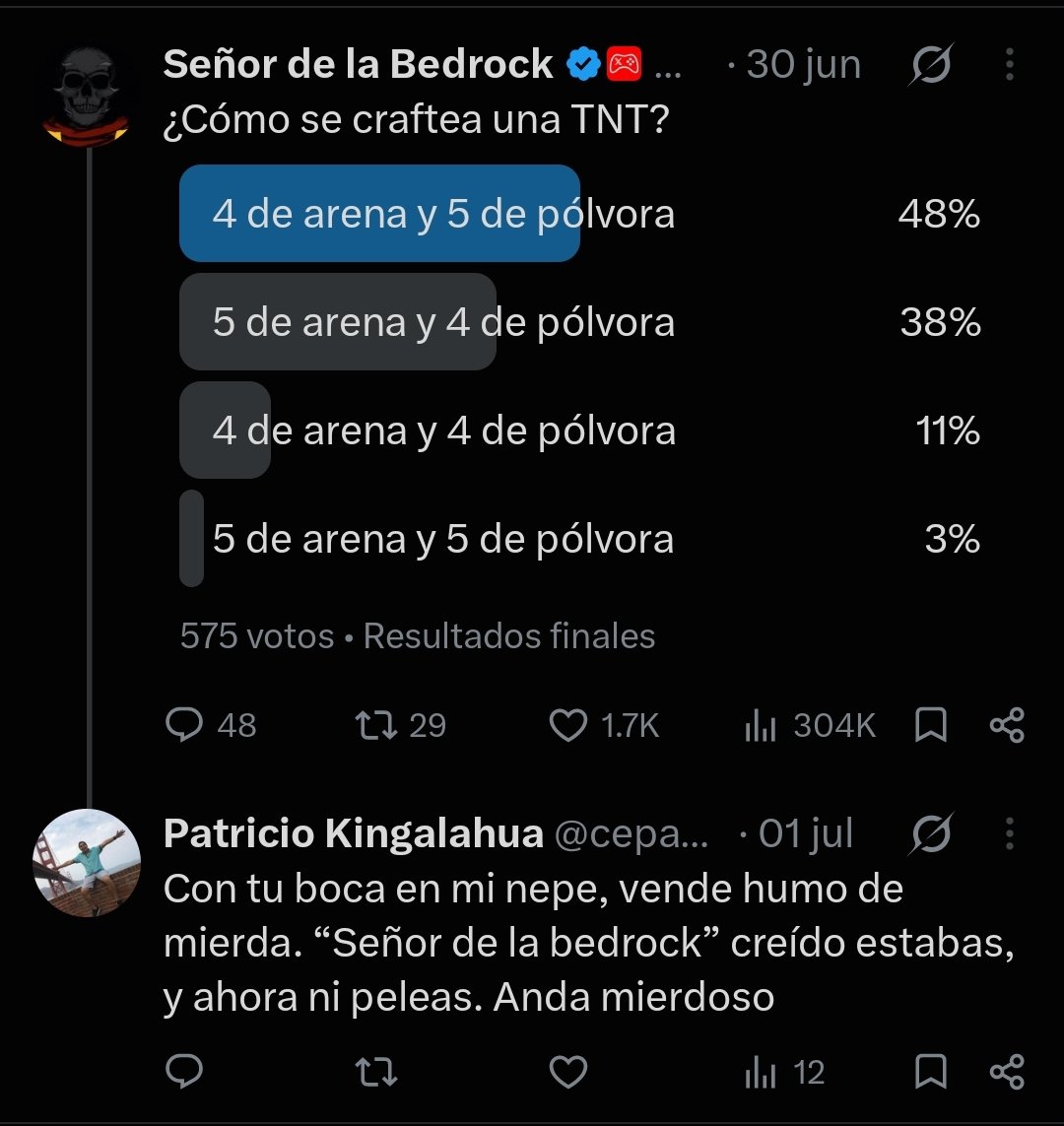 ga_lido's tweet photo. @OriginalNameWin @cepak88 @Mictia00 Tranqui, no lo critíques, insulta a uno de los mejores jugadores de Minecraft técnico de la historia y aparte lo explotan en su trabajo, sus neuronas deben de ser equivalentes a la existencia de Marlow(no existe), no todo en Minecraft es pvp. https://t.co/LABpCkY03W