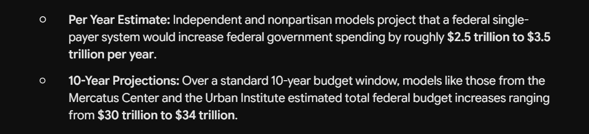 Grav1metric's tweet photo. Medicare for all will cost 3 trillion a year. This is almost 50% of what the current budget is -7 trillion. (And we're borrowing 3 trillion a year to cover this.) 

Billionaires: Tax those evil billionaires you say? There are only 990 billionaires in the U.S. Their combined net worth is 13 trillion dollars. If we took ALL of their money and assets this would pay for El-Sayed's "Medicare for all" proposal for 4 and a half years. Then what? There are no more billionaires... who's next? Of course the answer is the middle class. Also, keep in mind that we're already 40 trillion dollars in debt and Social Security is going to be insolvent in 6 years. We CAN NOT tax our way to free health care.