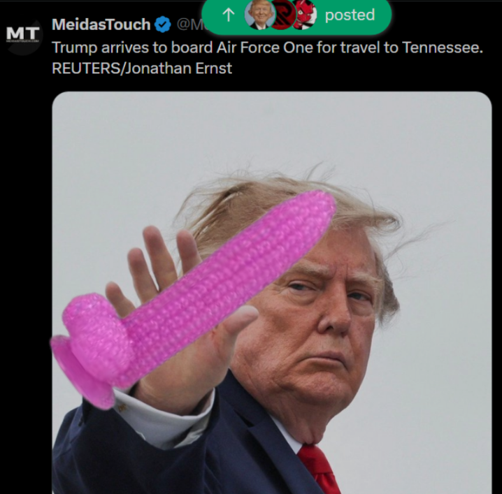 BrainWormVaxine's tweet photo. Trump arrives to board Air Force One for travel to Tennessee holding a big piece of pink corn to share with Marsha Blackburn #Monch #SlurpingSounds https://t.co/Gi9N7qr8q1