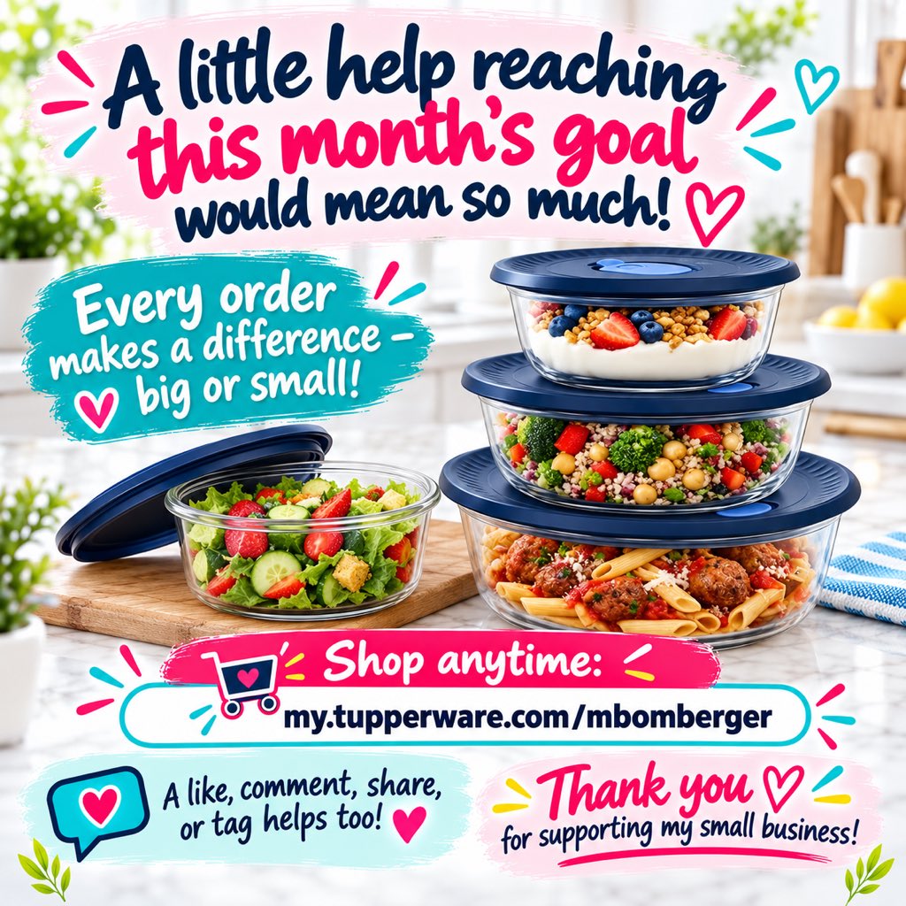 MB_TupParties's tweet photo. 🚨 I’m getting down to the wire on this month’s goal! Every order — big or small — helps. 🙌
🛒 Shop anytime: https://t.co/yyY4nahhC0
Not shopping? A like, share, or tag helps too! 💬
#TupperwareFinds #KitchenFavorites #Tupperware https://t.co/YhhrHOCjYw