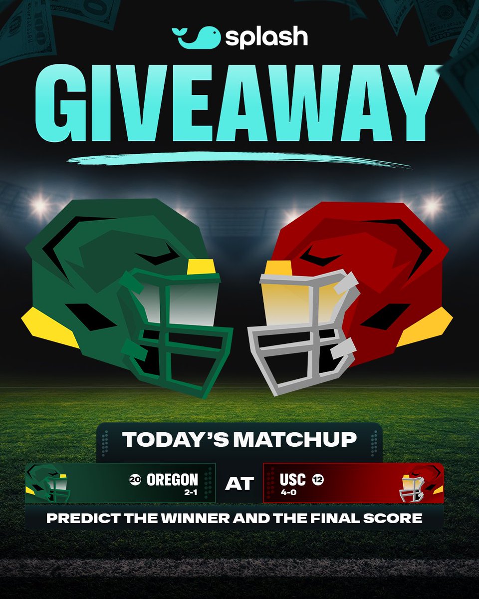splashsports's tweet photo. 💵 $1,000 QuickPicks Voucher Giveaway! 🏈

We'll split $1,000 in QuickPicks Vouchers between 10 people who correctly predict the winner and score of tonight's OREGON-USC  game 🤝

To enter ⬇️

1. Follow @splashgameday ☑️
2. Like & repost this post 🩵
3. Comment your score prediction for the game 💬
