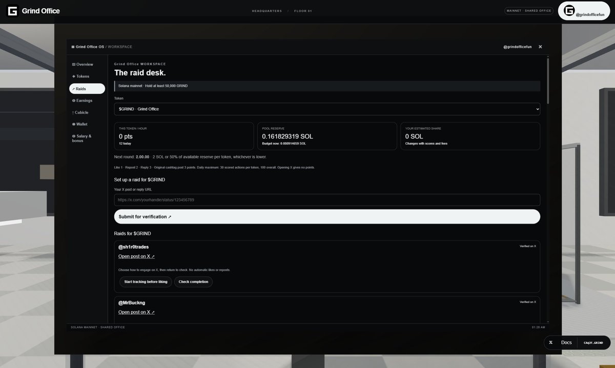grindofficefun's tweet photo. Everything you need is on the PC at your desk. 🖥️

Walk up, click your screen and get to work:

🚀 Launch tokens with our raiding mechanics. 
⚡ Submit your X posts as raids or join existing ones. 📊 Track your points, reward pools and estimated hourly share.

💸 Check your earnings, salary and daily bonuses. 
🔥 Upgrade your cubicle by burning $GRIND to boost your multiplier.

For raids, select a token, open a post on X, participate and return to check completion. Start tracking before liking, opening a link alone doesn’t earn points.

Your desk. Your workspace. Start your $GRIND