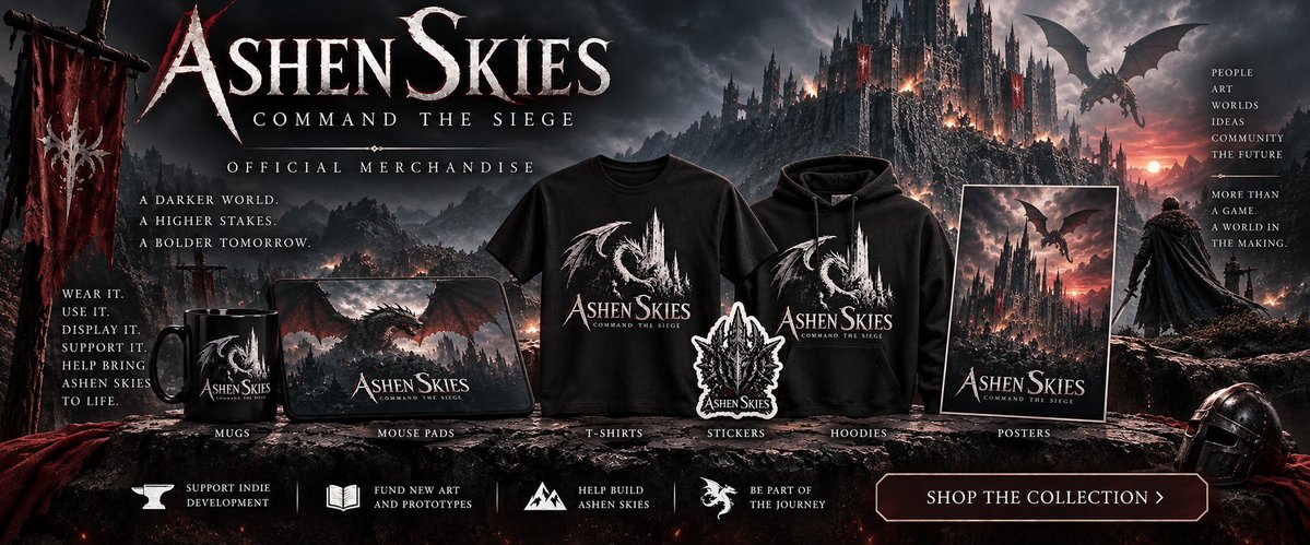 AshenSpireGames's tweet photo. THE ASHEN SKIES FOUNDING SUPPORTER COLLECTION IS LIVE. ⚔️

T-Shirts • Hoodies • Mugs • Stickers • Mouse Pads • Posters

We’ve updated the collection so the designs now match the darker dragon + citadel Ashen Skies style.

Every purchase helps support independent development — new art, prototype work, environments, and the road toward a playable siege.

COMMAND THE SIEGE.

Shop:
https://t.co/oGIb1VXQ3M

#AshenSkies #IndieGame #GameDev #DarkFantasy #UnrealEngine #SupportIndieGames