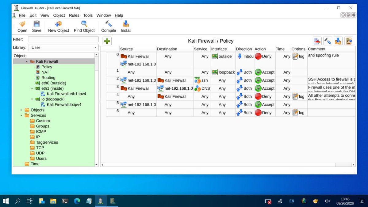Screenshot of a Firewall Builder application window titled 'KaliLocalFirewall.fwb', displaying a Kali Firewall policy with rules for SSH, DNS, and anti-spoofing, along with an object library on the left and rules table on the right.