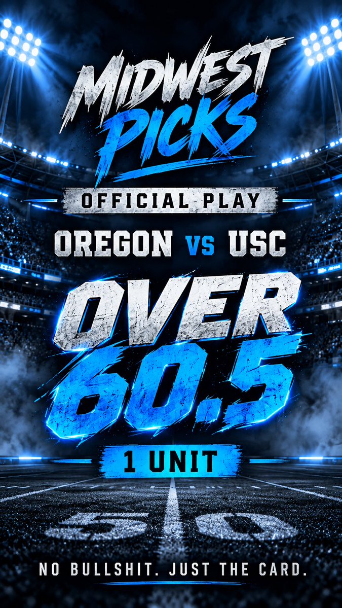 MidWestPick's tweet photo. Midwest Picks OFFICIAL PLAY 🔵⚫️

Oregon / USC OVER 60.5 (-110)

Let’s get a shootout in L.A. 🏈🔥 https://t.co/lmQHSqRBuj