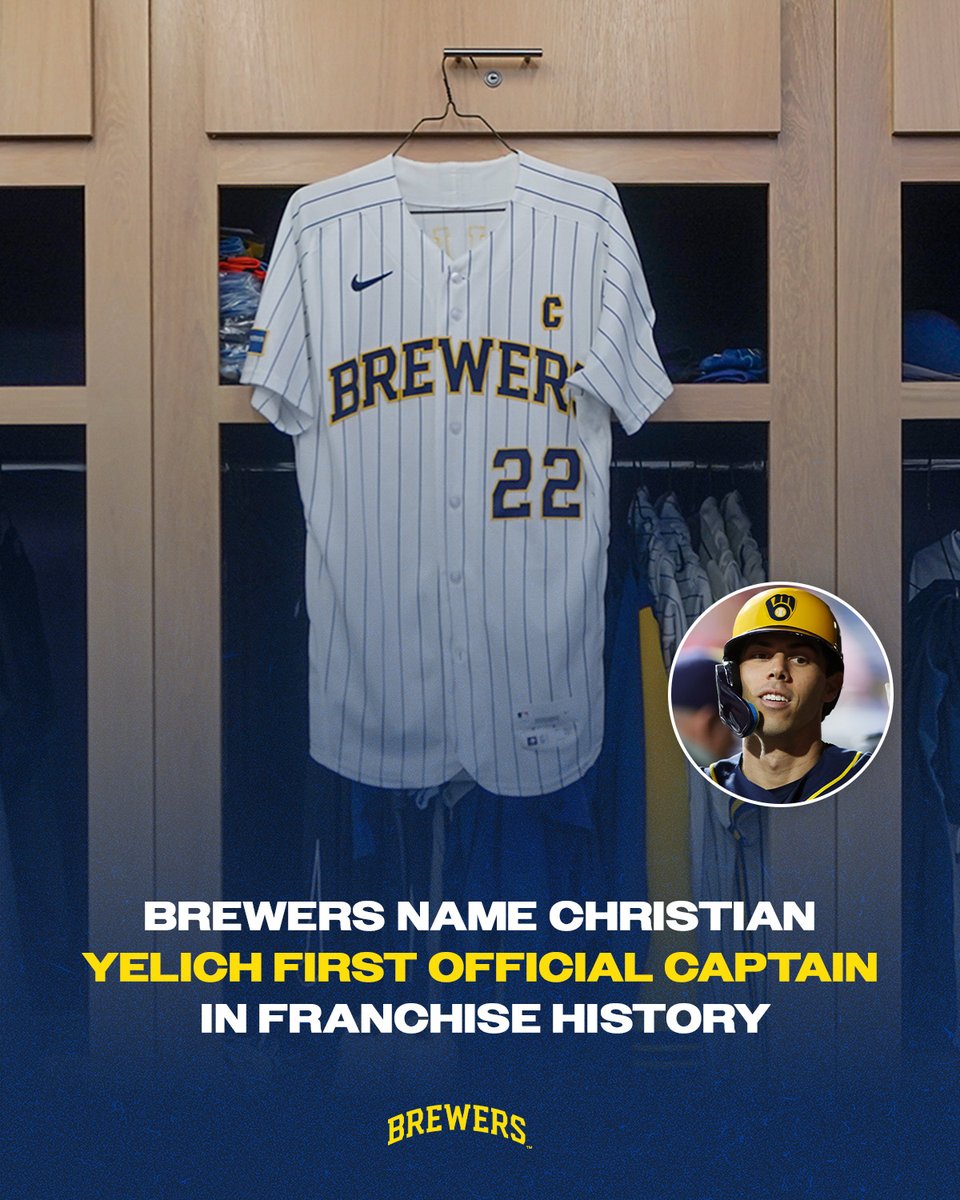 Brewers's tweet photo. OUR CAPTAIN 🫡

Tonight and going forward, Christian Yelich will become the first player in franchise history to don the Captain's "C" on his jersey https://t.co/L6Bodw7WHr