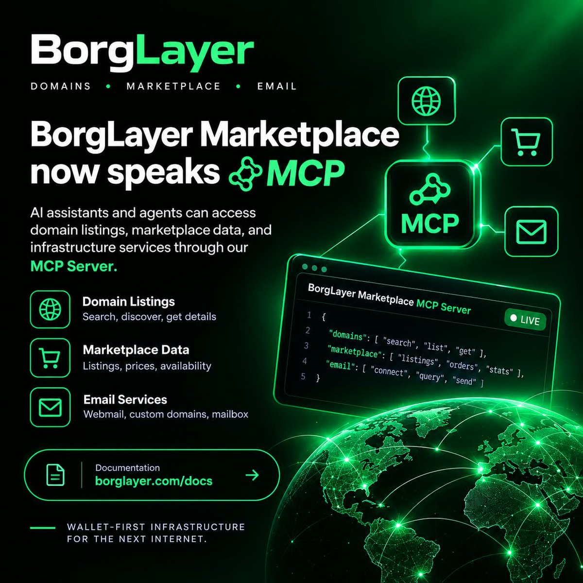 Borglayer's tweet photo. BorgLayer Marketplace now supports MCP.
AI agents can discover domain listings, marketplace inventory, and pricing directly through our MCP server.
Wallet-first infrastructure for the next internet.
π https://t.co/tnGV33BkPD
#MCP #Base #AIAgents #Domains #Web3 #BorgLayer https://t.co/HwtRnAnQoU