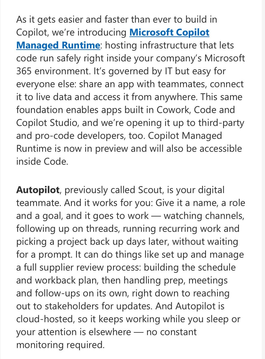 Microsoft excerpt describing Managed Runtime and Autopilot as tenant-hosted foundations for Code and long-running agents