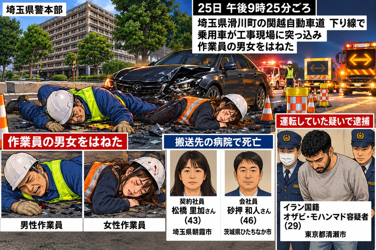 hikaruganji's tweet photo. 25日午後9時25分ごろ、埼玉県滑川町都の関越自動車道下り線で、ジンガイが運転する乗用車が工事現場に突っ込み、作業員の男女をはねました。県警によると、会社員砂押和人さん（46）＝茨城県ひたちなか市＝と契約社員松橋里加さん（43）＝埼玉県朝霞市＝が搬送先の病院で死亡しました。

日本全国でジンガイが運転する車により、多くの日本人が亡くなっています。

ジンガイは百害あって一利なし、今すぐに強制送還し、一生入国出来ないように法改正をする
事が大切です。